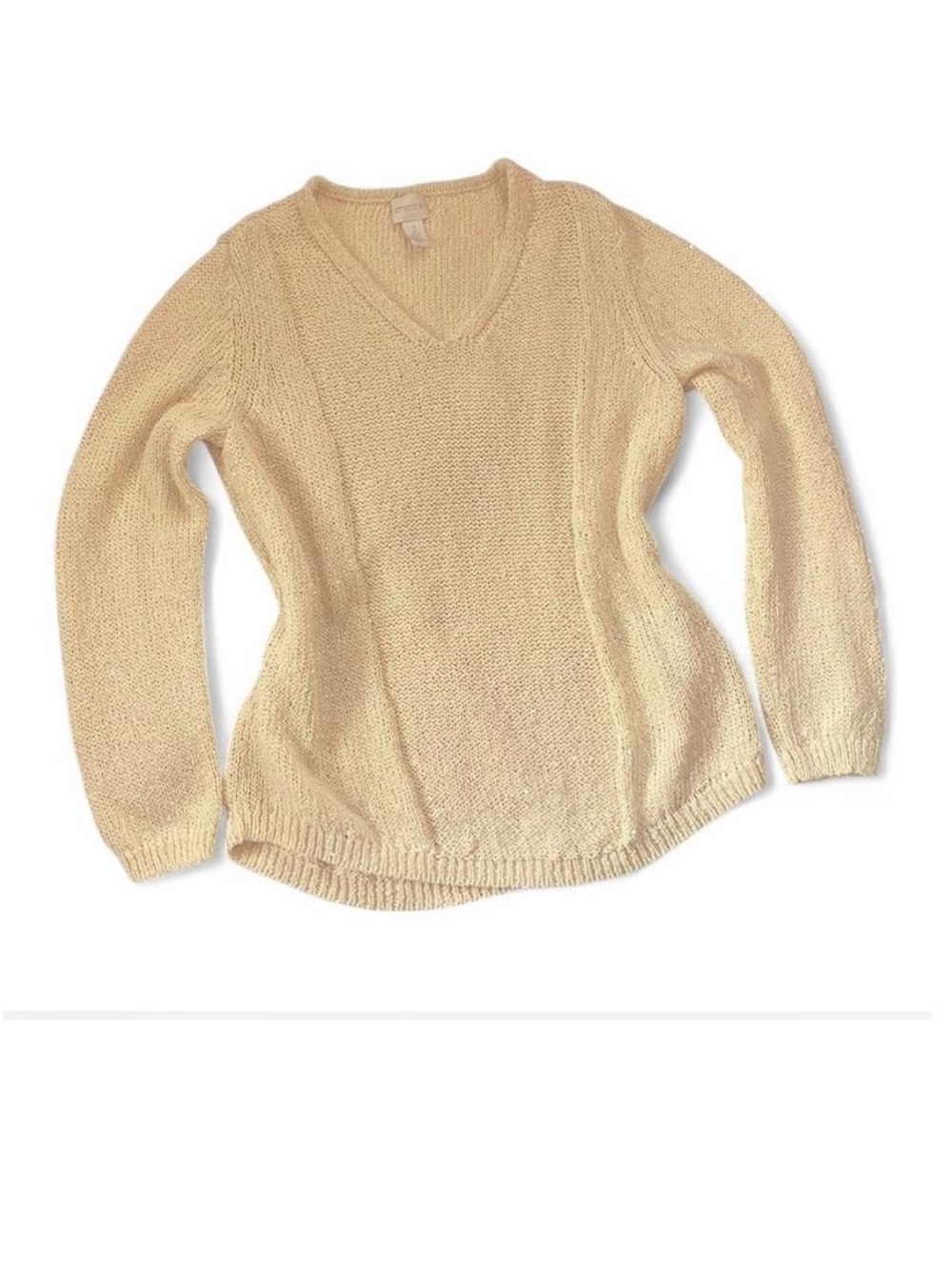 Chico’s Cream Gold Metallic Knit Sweater V Neck Cozy Size 2